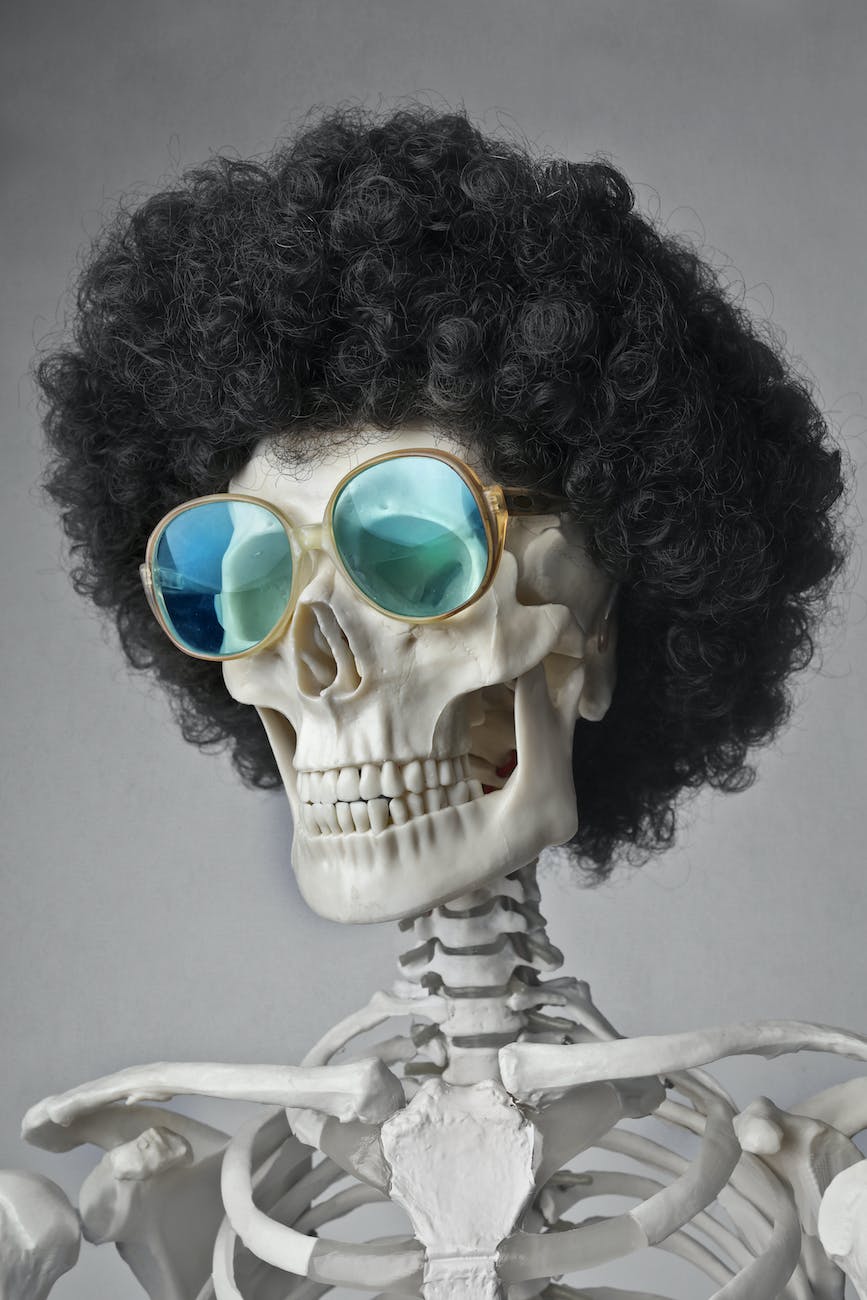 portrait photo of a skeleton in sunglasses and wig